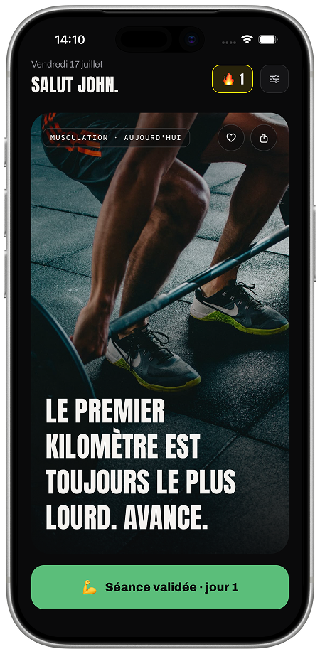Warmup app home screen showing today's workout quote and a validated streak
